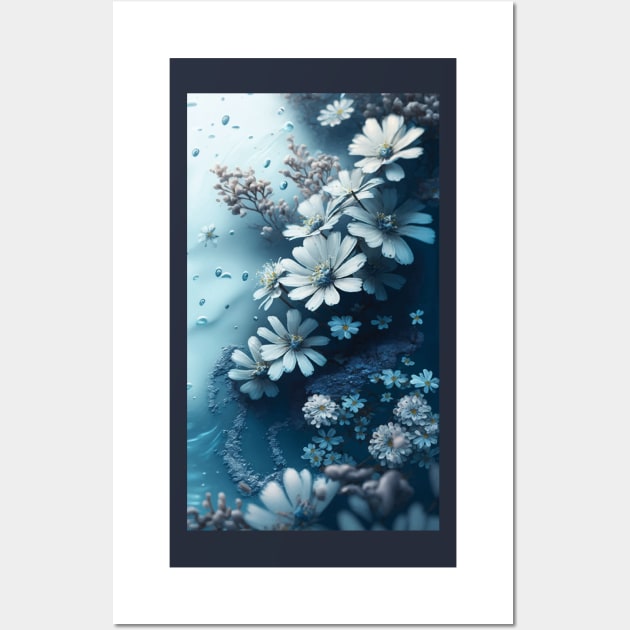 White-blue flowers on a blue background Wall Art by CatCoconut-Art